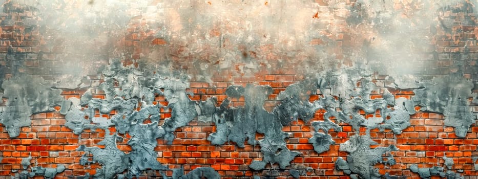 Panoramic view of an old red brick wall with peeling plaster, perfect for background use