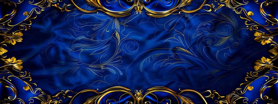 A luxurious seamless background with ornate gold floral elements on a deep blue backdrop
