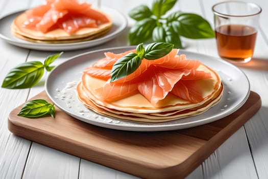 thin pancakes with lightly salted red fish . AI generated image.