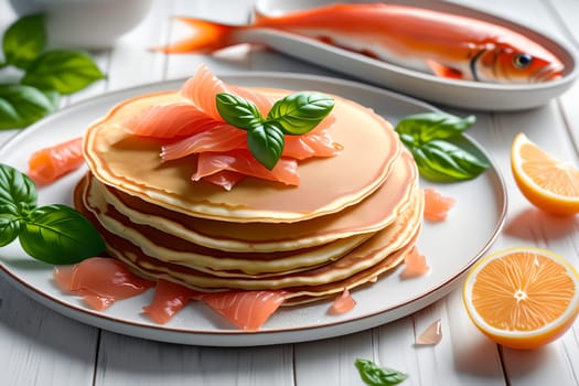 thin pancakes with lightly salted red fish . AI generated image.