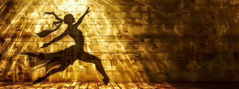 Dynamic silhouette of a female dancer with an abstract shadow on a textured wooden wall