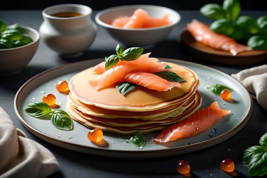 thin pancakes with lightly salted red fish . AI generated image.