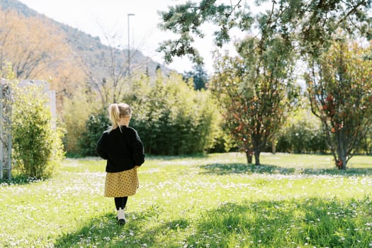 Little girl walks through a sunny flowering meadow towards green bushes. Back view. High quality photo