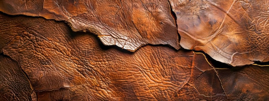 Close-up view of weathered. Aged. And cracked rustic leather texture background in brown color. Showcasing the organic and durable material with traditional craftsmanship. Earthy luxury
