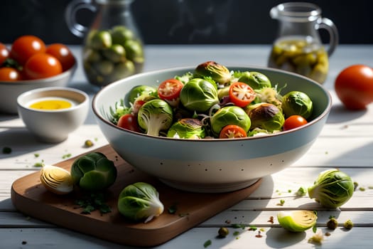 Brussels sprouts salad with vegetables. AI generated image.
