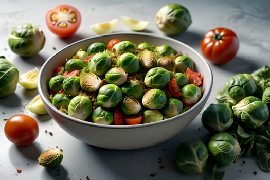 Brussels sprouts salad with vegetables. AI generated image.