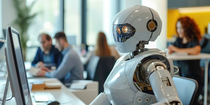 A humanoid robot with advanced features is seated at a desk, engaging in tasks alongside human colleagues in a modern office setting. AIG41