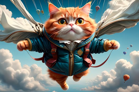 red cat in a jacket flies in the sky, parachuting, playing sports . AI generated image.