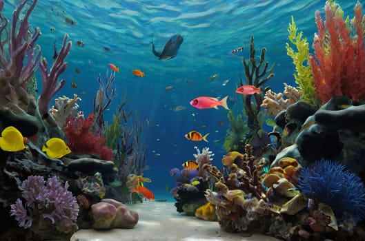 Underwater coral reef landscape with colorful fish. The concept of Earth Day