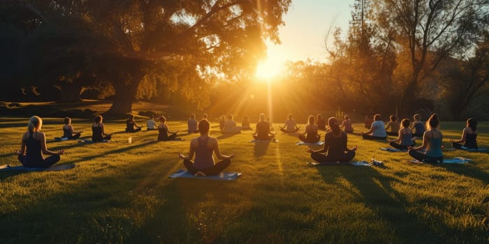 A serene yoga class at sunrise, participants in a tranquil outdoor setting, symbolizing peace and mindfulness. Resplendent.