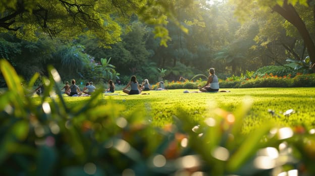 A serene outdoor yoga class in progress, with individuals practicing poses on mats in a lush garden during golden hour. AIG41