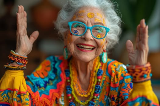 Happy and playful elderly woman in colored clothes indoors.