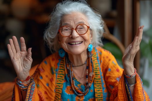 Happy and playful elderly woman in colored clothes indoors.