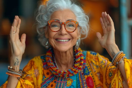 Happy and playful elderly woman in colored clothes indoors.