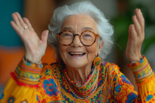 Happy and playful elderly woman in colored clothes indoors.