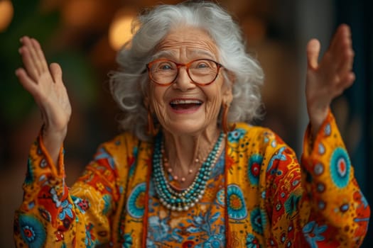 Happy and playful elderly woman in colored clothes indoors.