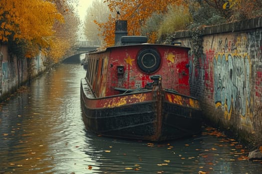 An old boat in the city canal on the water.