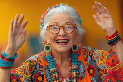 A happy and playful elderly woman in colored clothes on a yellow background.