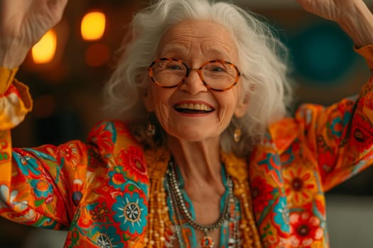 Happy and playful elderly woman in colored clothes indoors.