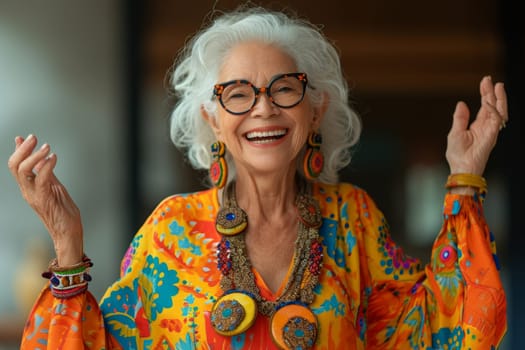 A happy and playful elderly woman in colored clothes.