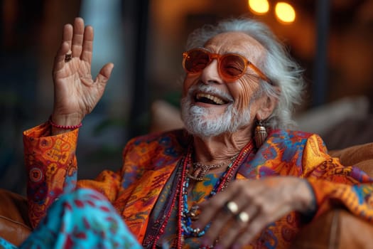 A happy and playful elderly man in colored clothes in the interior.