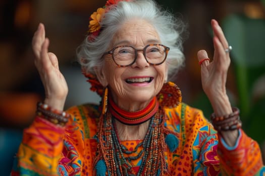 Happy and playful elderly woman in colored clothes indoors.