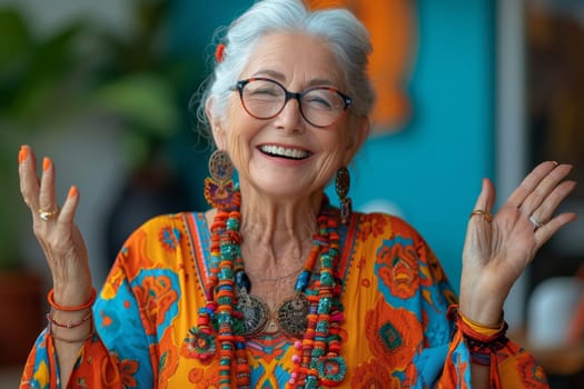 Happy and playful elderly woman in colored clothes indoors.