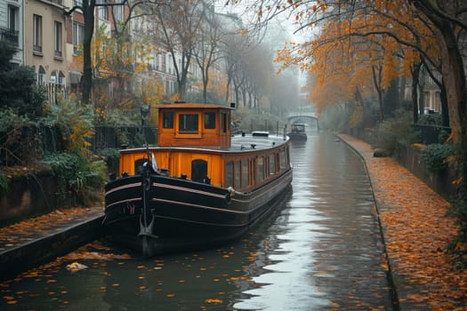 An old boat in the city canal on the water.