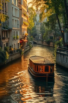 An old boat in the city canal on the water.