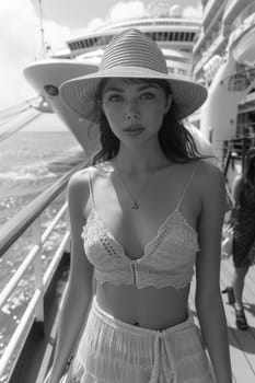 A girl in a hat standing in front of a large cruise ship. Sea voyage.