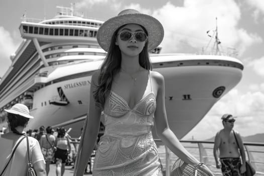 A girl in a hat standing in front of a large cruise ship. Sea voyage.