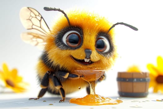 The bee eats natural honey. 3d illustration.