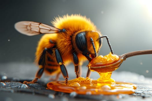 The bee eats natural honey. 3d illustration.