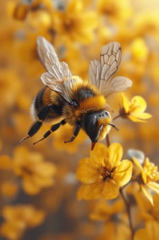 a bee flying near flowers to collect honey.