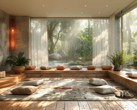 Peaceful yoga studio with natural wood floors and calming colorsHyperrealistic