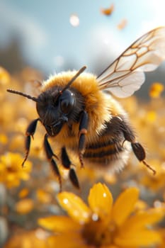 a bee flying near flowers to collect honey.