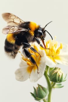 a bee flying near flowers to collect honey on a white background.