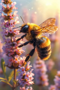 a bee flying near flowers to collect honey.