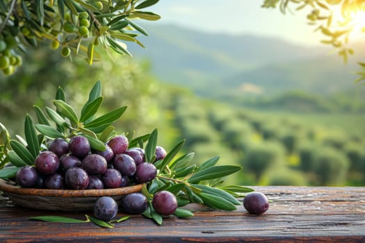 still life with blue olives on a table in an olive grove.