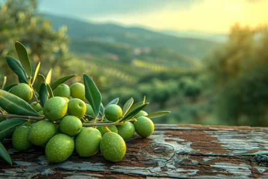 still life with green olives on a table in an olive grove.