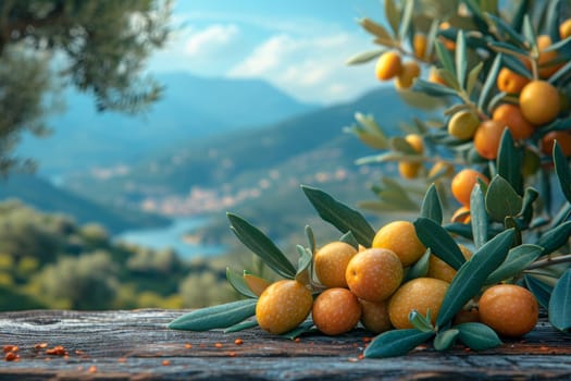 still life with yellow olives on a table in an olive grove.