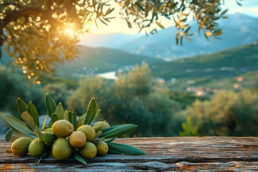 still life with green olives on a table in an olive grove.