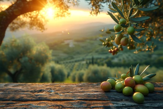 still life with green olives on a table in an olive grove.