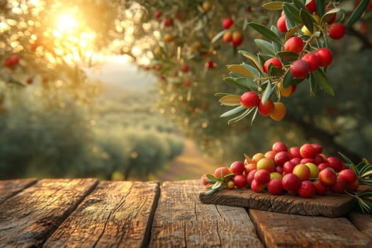 still life with red olives on a table in an olive grove.