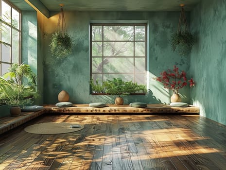 Peaceful yoga studio with natural wood floors and calming colorsHyperrealistic