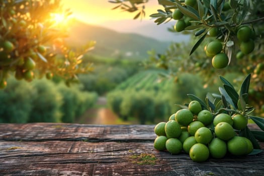 still life with green olives on a table in an olive grove.