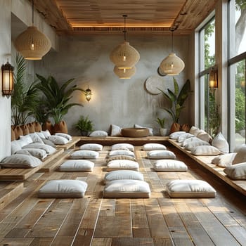 Peaceful yoga studio with natural wood floors and calming colorsHyperrealistic