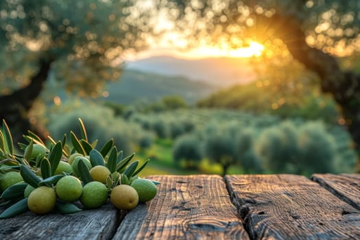 still life with green olives on a table in an olive grove.