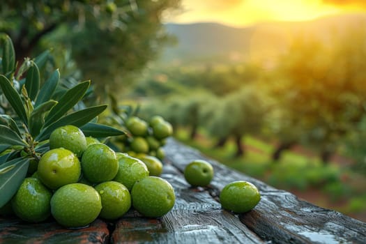 still life with green olives on a table in an olive grove.