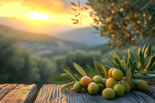 still life with green olives on a table in an olive grove.